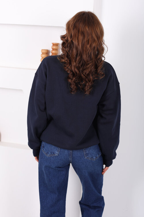 Bisiklet Yaka Üç İp Kadın Oversize Lacivert Sweat - 4