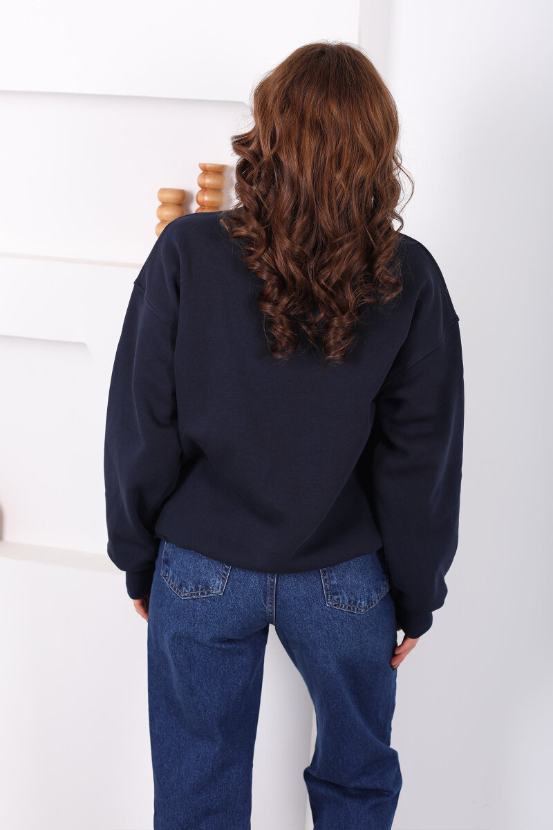 Bisiklet Yaka Üç İp Kadın Oversize Lacivert Sweat - 4