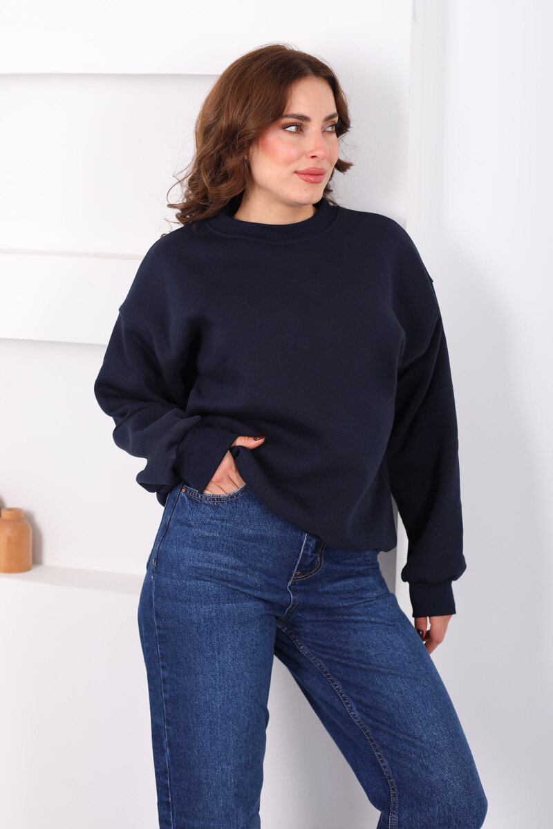 Bisiklet Yaka Üç İp Kadın Oversize Lacivert Sweat - 5