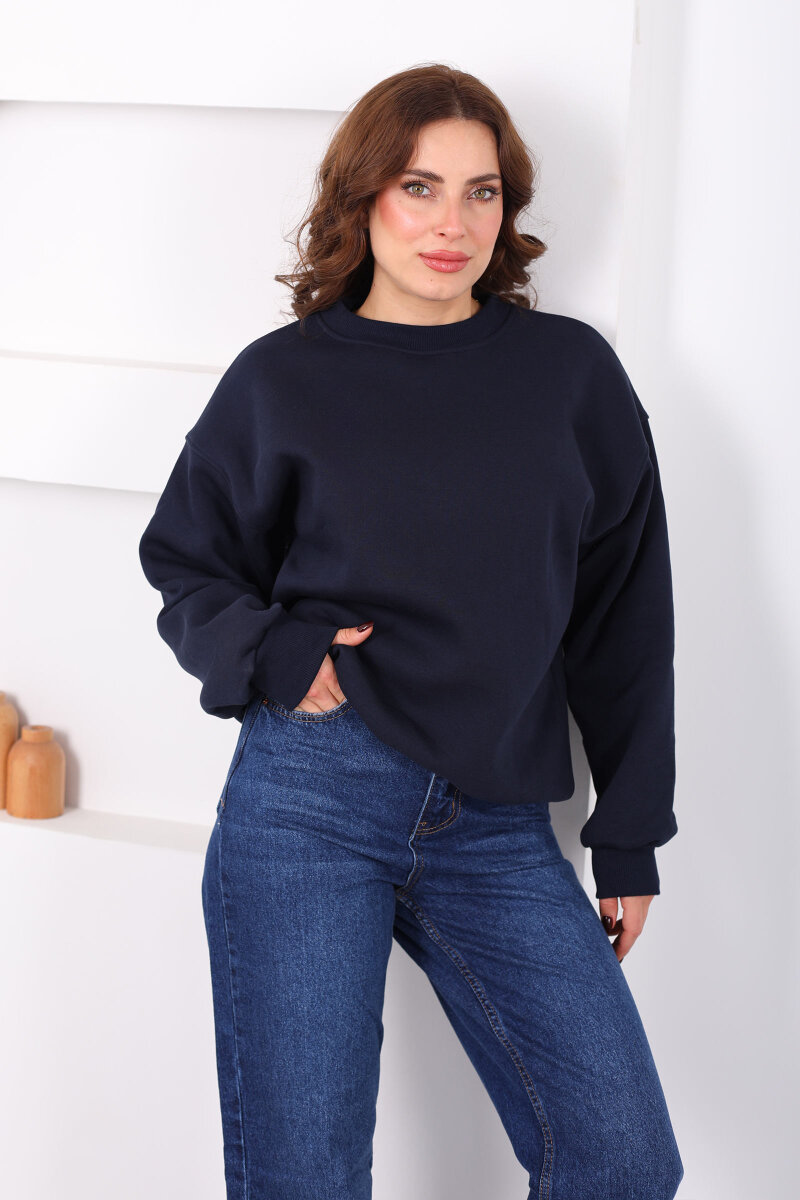 Bisiklet Yaka Üç İp Kadın Oversize Lacivert Sweat - 1