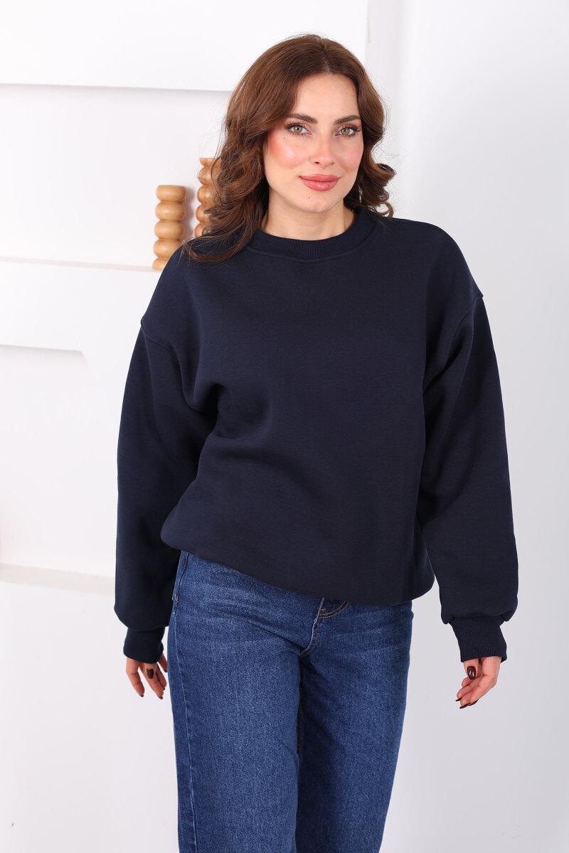 Bisiklet Yaka Üç İp Kadın Oversize Lacivert Sweat - 3