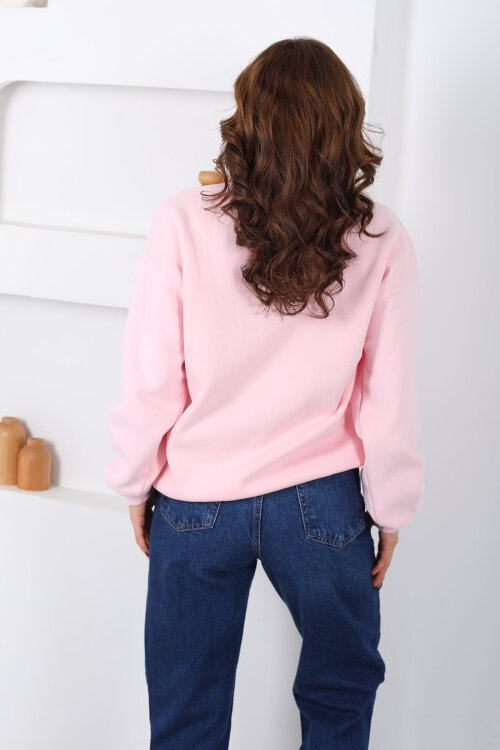 Bisiklet Yaka Üç İp Kadın Oversize Pembe Sweat - 5