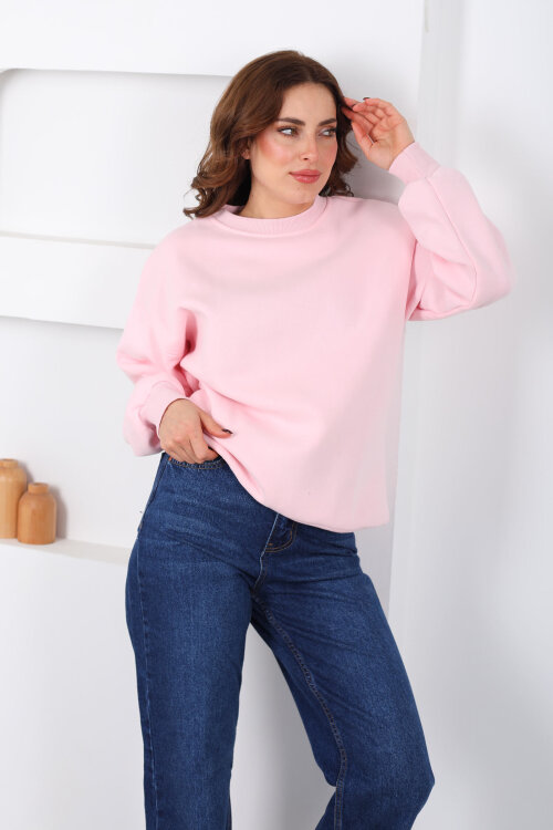 Bisiklet Yaka Üç İp Kadın Oversize Pembe Sweat - Berox