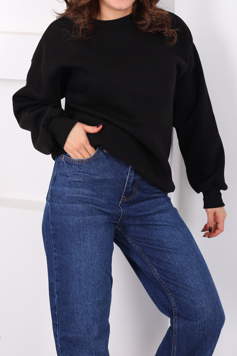 Bisiklet Yaka Üç İp Kadın Oversize Siyah Sweat - 2