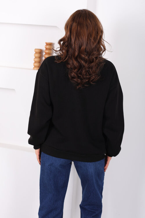 Bisiklet Yaka Üç İp Kadın Oversize Siyah Sweat - 5