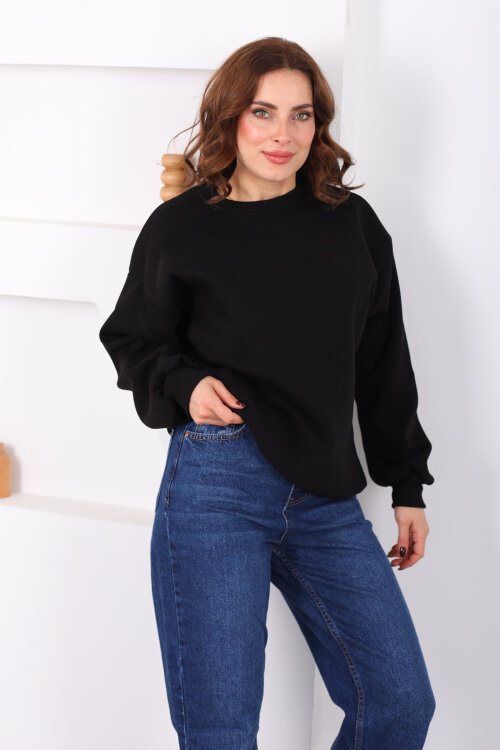 Bisiklet Yaka Üç İp Kadın Oversize Siyah Sweat - 6