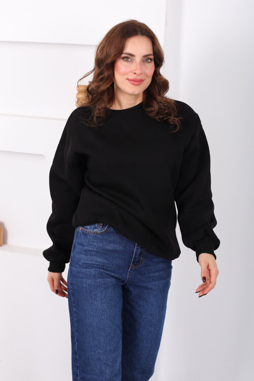 Bisiklet Yaka Üç İp Kadın Oversize Siyah Sweat - 4