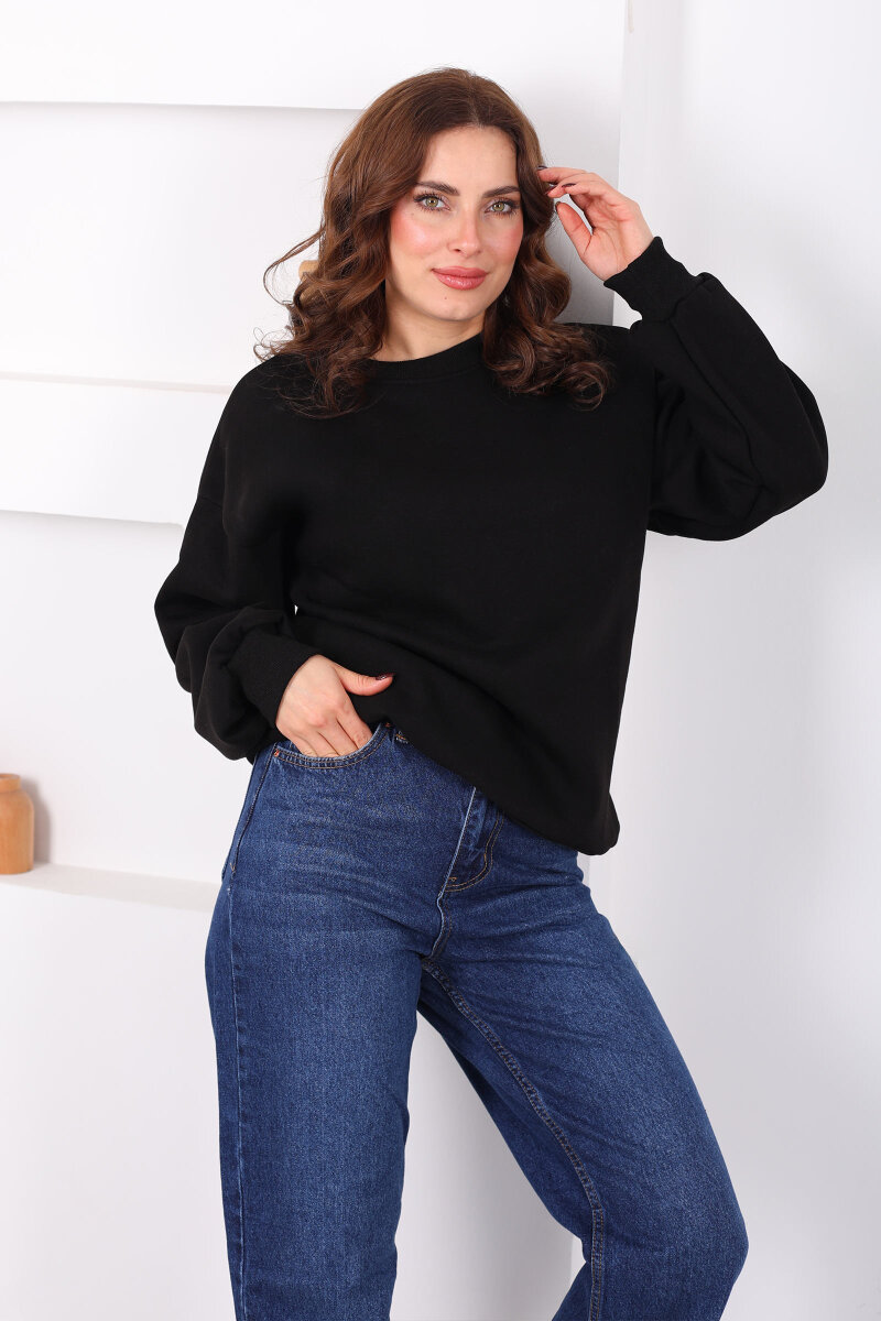 Bisiklet Yaka Üç İp Kadın Oversize Siyah Sweat - 1