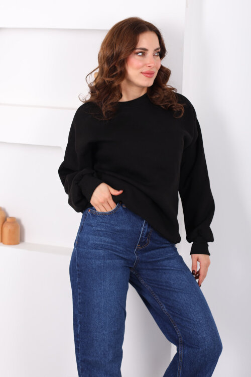 Bisiklet Yaka Üç İp Kadın Oversize Siyah Sweat - 3