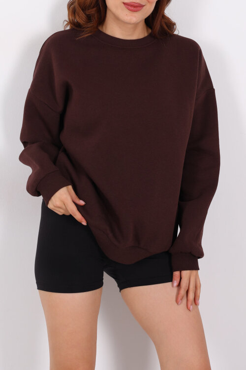 Bisiklet Yaka Üç İplik Acı Kahve Kadın Oversize Sweat - Berox (1)