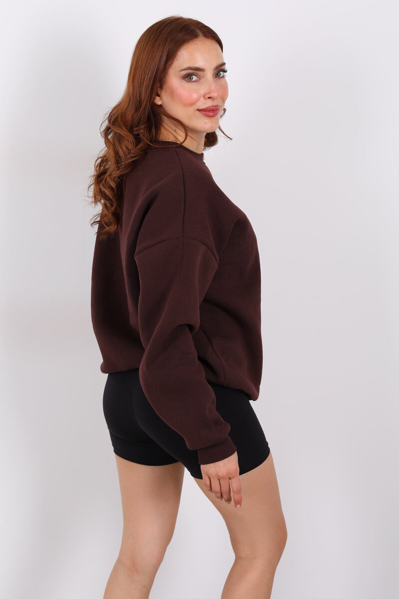 Bisiklet Yaka Üç İplik Acı Kahve Kadın Oversize Sweat - 5