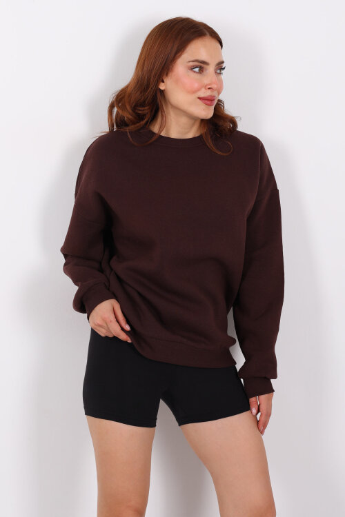 Bisiklet Yaka Üç İplik Acı Kahve Kadın Oversize Sweat - 3