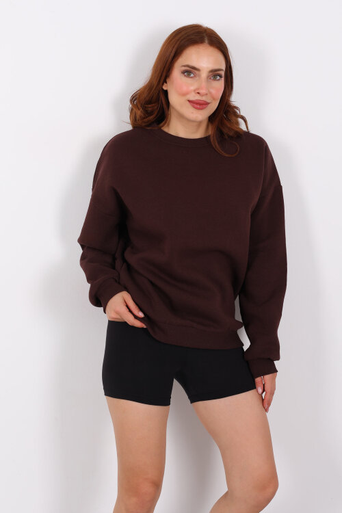 Bisiklet Yaka Üç İplik Acı Kahve Kadın Oversize Sweat - 4