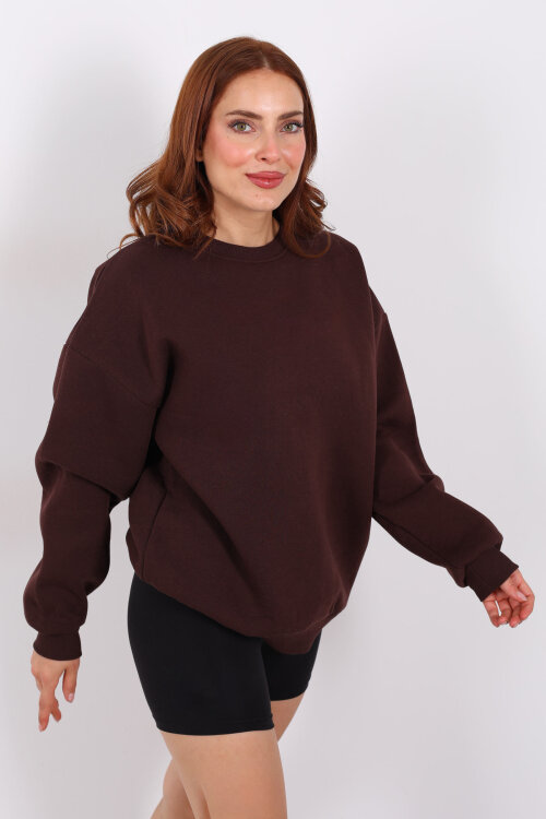 Bisiklet Yaka Üç İplik Acı Kahve Kadın Oversize Sweat - Berox