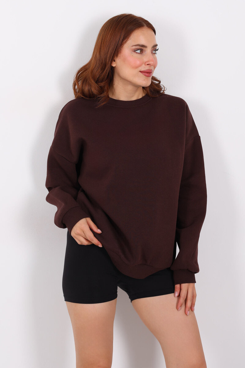 Bisiklet Yaka Üç İplik Acı Kahve Kadın Oversize Sweat - 6