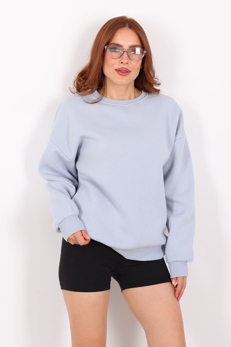 Bisiklet Yaka Üç İplik Bebe Mavisi Kadın Oversize Sweat - 6