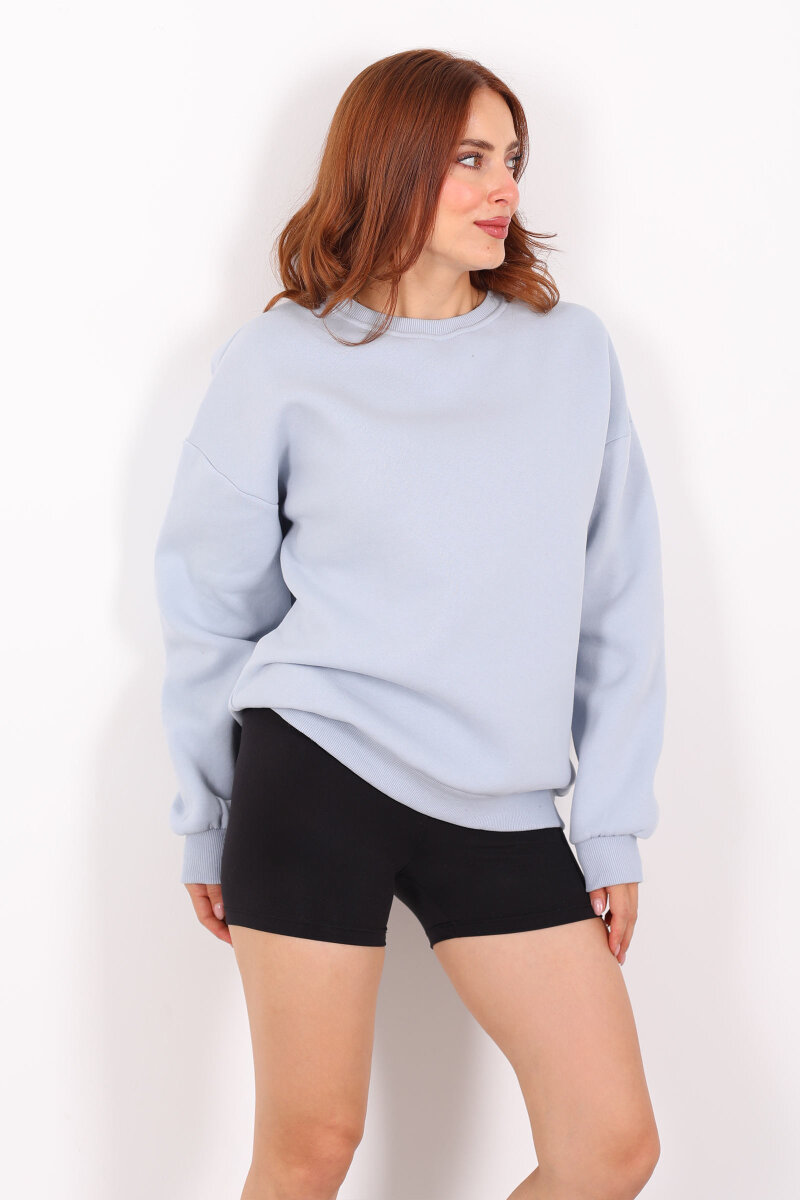 Bisiklet Yaka Üç İplik Bebe Mavisi Kadın Oversize Sweat - 4