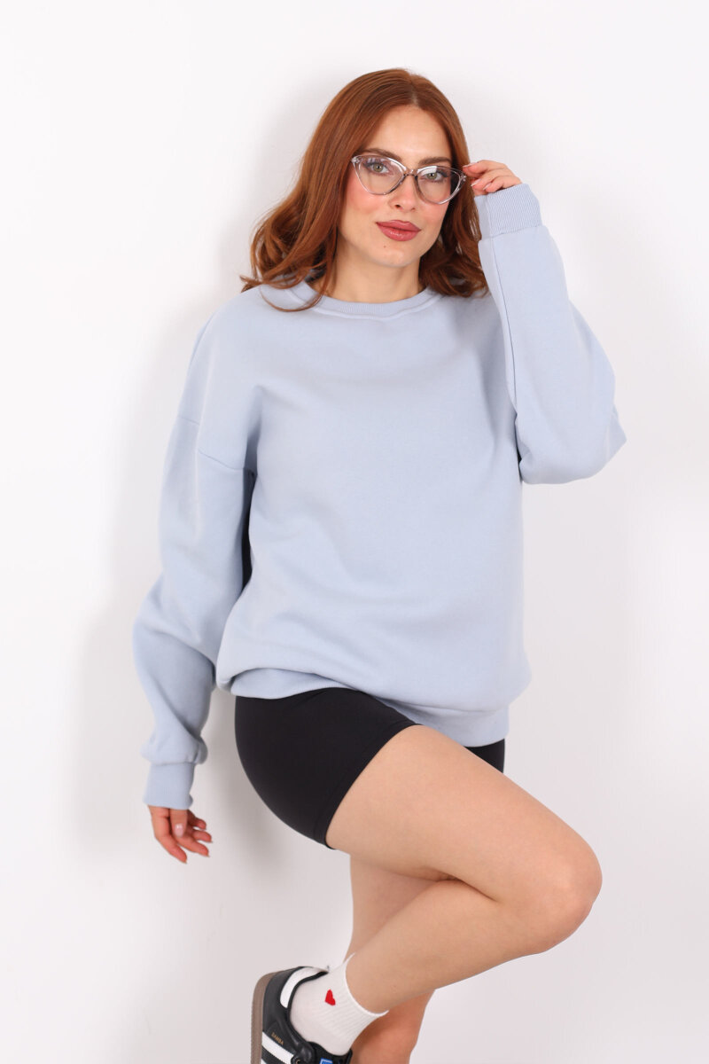 Bisiklet Yaka Üç İplik Bebe Mavisi Kadın Oversize Sweat - 1
