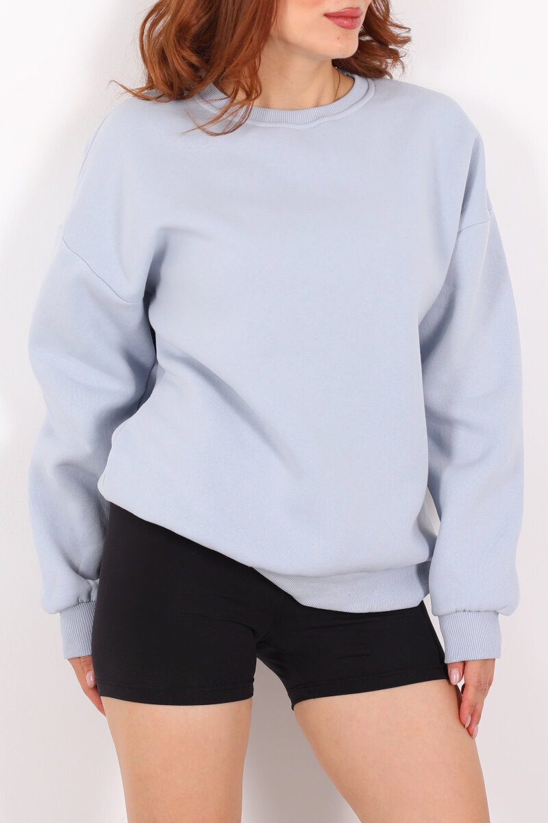 Bisiklet Yaka Üç İplik Bebe Mavisi Kadın Oversize Sweat - 2
