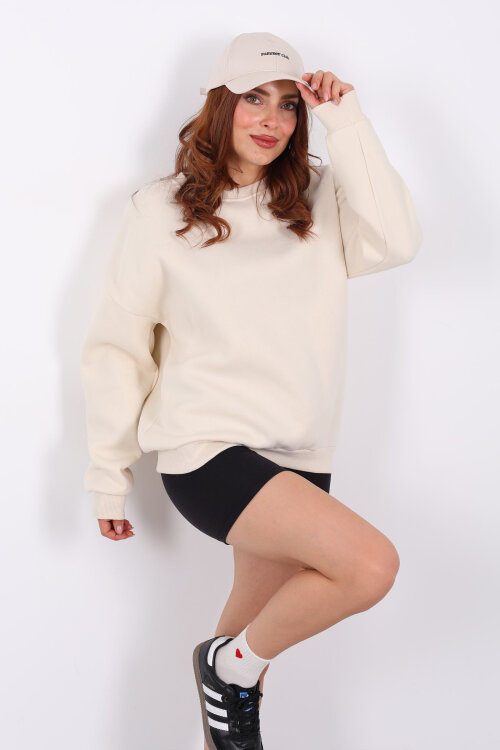 Bisiklet Yaka Üç İplik Bej Kadın Oversize Sweat - 4