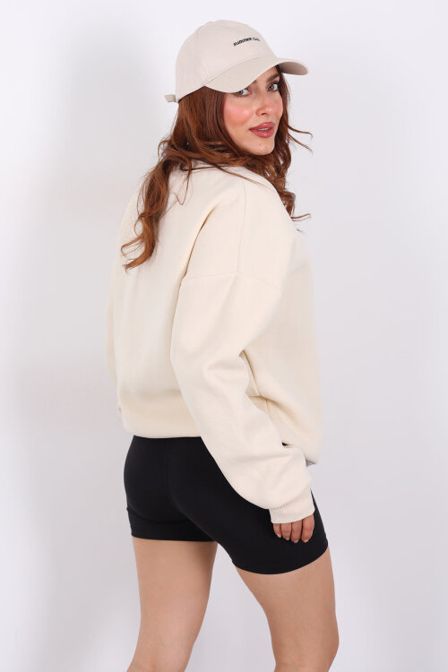 Bisiklet Yaka Üç İplik Bej Kadın Oversize Sweat - Berox (1)