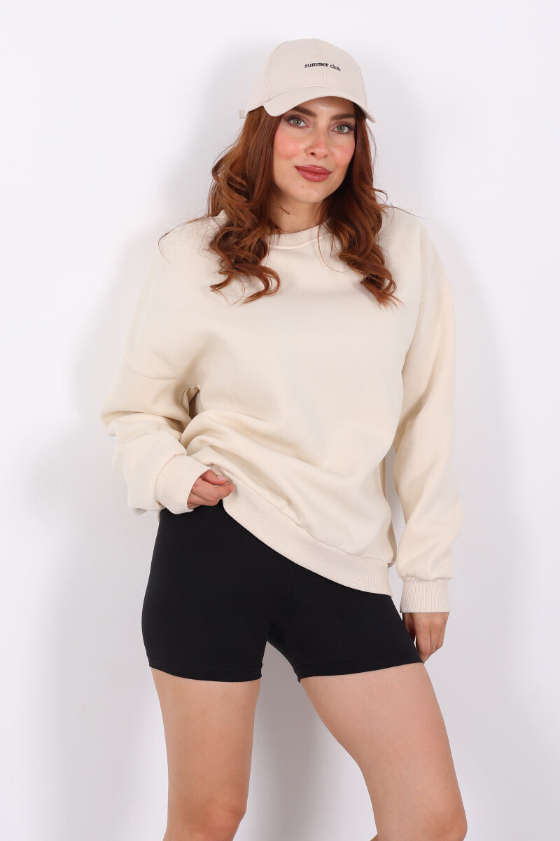 Bisiklet Yaka Üç İplik Bej Kadın Oversize Sweat - 3