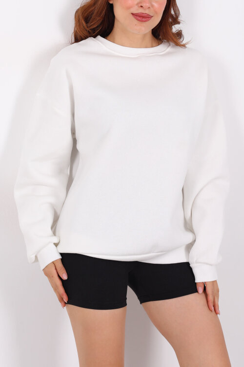 Bisiklet Yaka Üç İplik Beyaz Kadın Oversize Sweat - Berox (1)