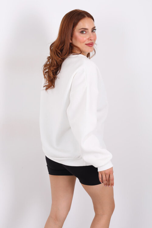 Bisiklet Yaka Üç İplik Beyaz Kadın Oversize Sweat - 4