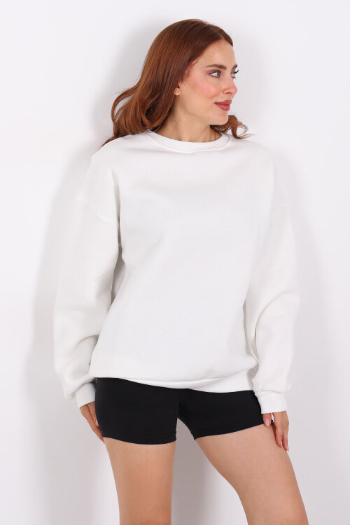 Bisiklet Yaka Üç İplik Beyaz Kadın Oversize Sweat - 3