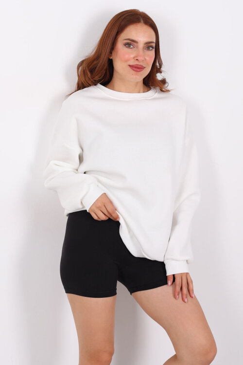 Bisiklet Yaka Üç İplik Beyaz Kadın Oversize Sweat - 5