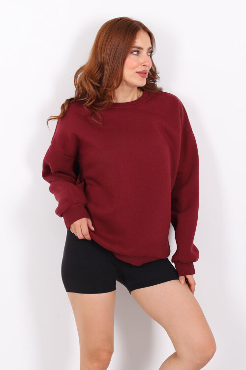 Bisiklet Yaka Üç İplik Bordo Kadın Oversize Sweat - 4
