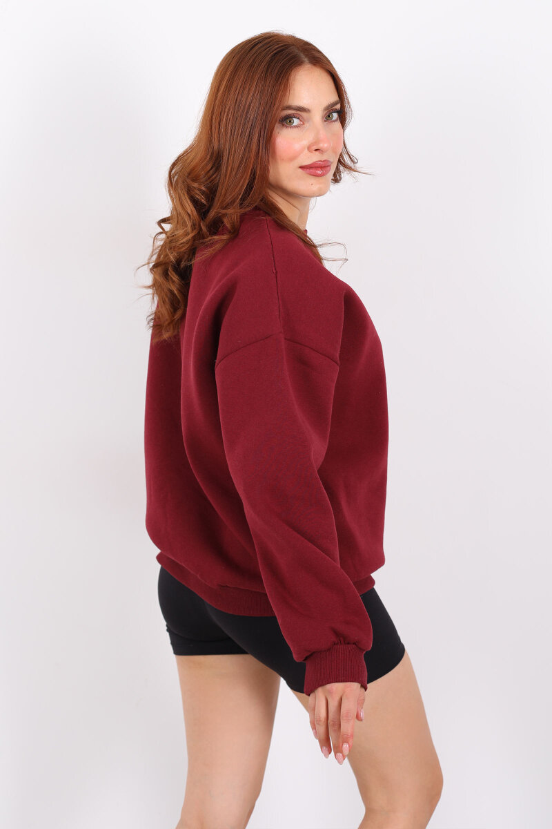 Bisiklet Yaka Üç İplik Bordo Kadın Oversize Sweat - 5