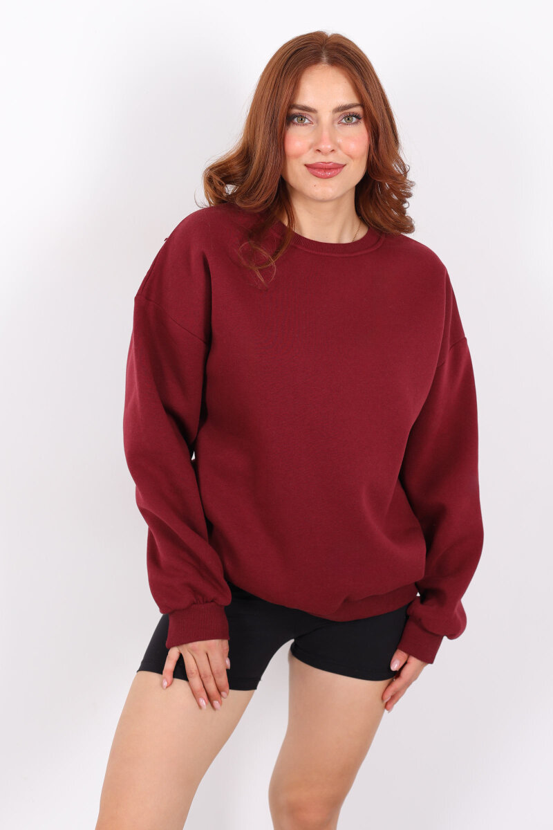 Bisiklet Yaka Üç İplik Bordo Kadın Oversize Sweat - 3