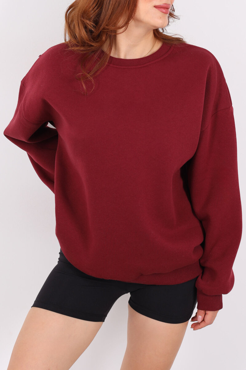 Bisiklet Yaka Üç İplik Bordo Kadın Oversize Sweat - 2