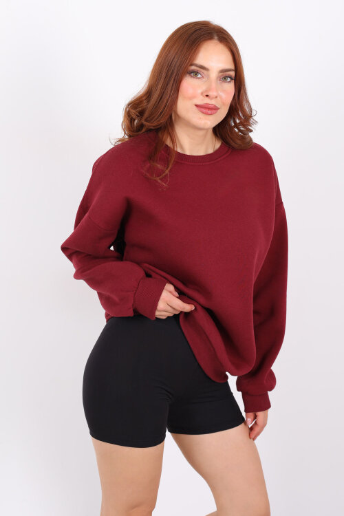 Bisiklet Yaka Üç İplik Bordo Kadın Oversize Sweat - Berox