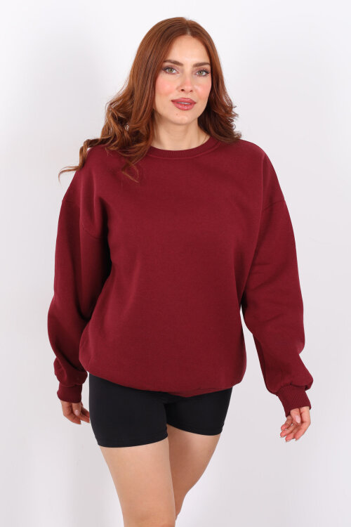 Bisiklet Yaka Üç İplik Bordo Kadın Oversize Sweat - 6