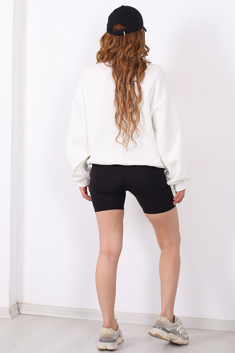 Bisiklet Yaka Üç İplik Ekru Kadın Oversize Sweatshirt - 4