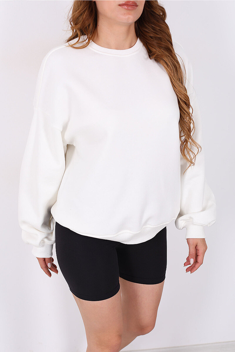 Bisiklet Yaka Üç İplik Ekru Kadın Oversize Sweatshirt - 2