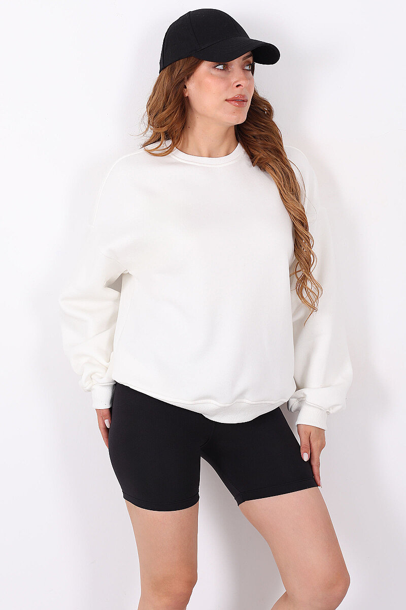 Bisiklet Yaka Üç İplik Ekru Kadın Oversize Sweatshirt - 3