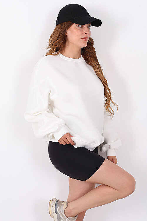 Bisiklet Yaka Üç İplik Ekru Kadın Oversize Sweatshirt - Berox