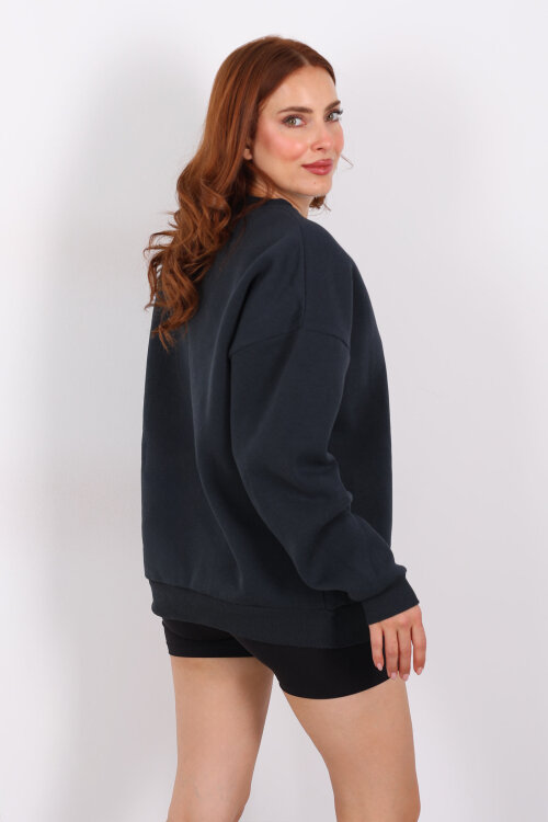 Bisiklet Yaka Üç İplik Füme Kadın Oversize Sweat - 4