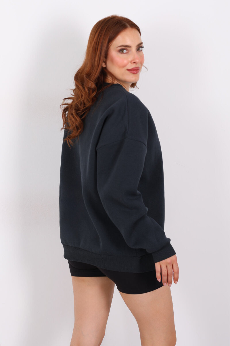 Bisiklet Yaka Üç İplik Füme Kadın Oversize Sweat - 4
