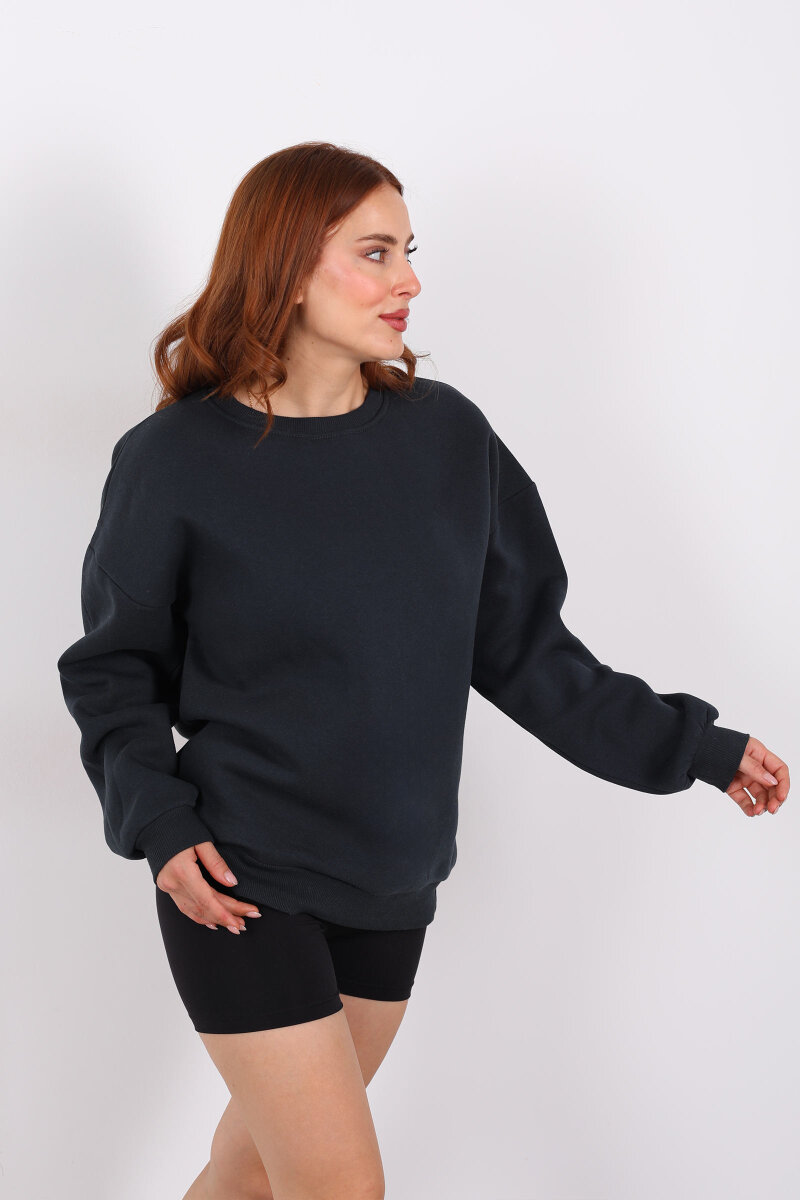 Bisiklet Yaka Üç İplik Füme Kadın Oversize Sweat - 3