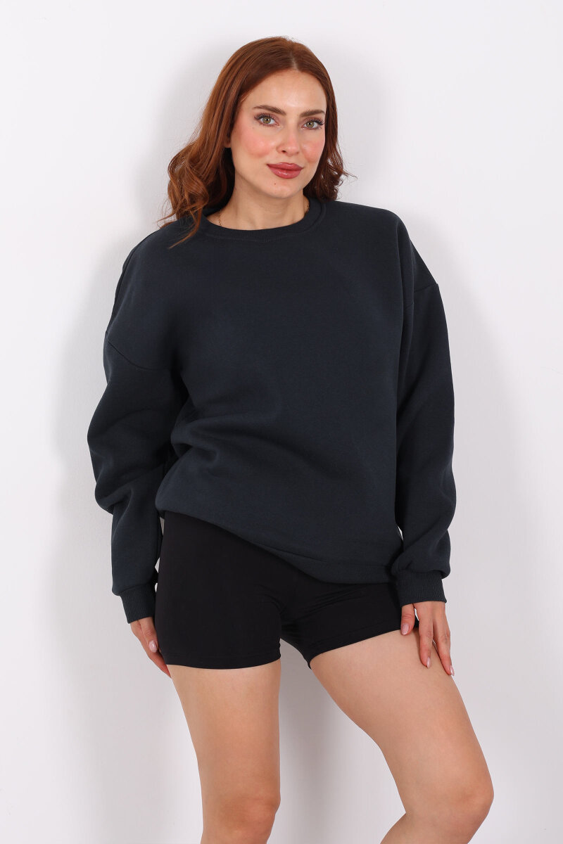 Bisiklet Yaka Üç İplik Füme Kadın Oversize Sweat - 5