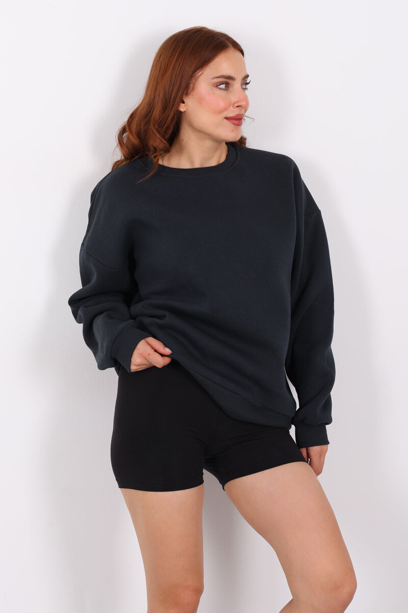 Bisiklet Yaka Üç İplik Füme Kadın Oversize Sweat - 1