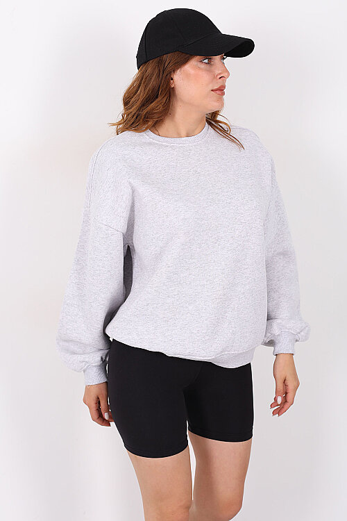 Bisiklet Yaka Üç İplik Gri Kadın Oversize Sweatshirt - 4