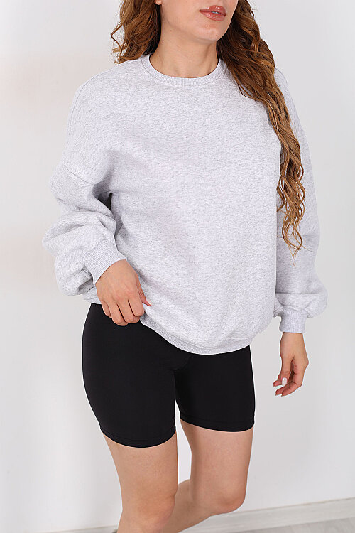 Bisiklet Yaka Üç İplik Gri Kadın Oversize Sweatshirt - Berox (1)