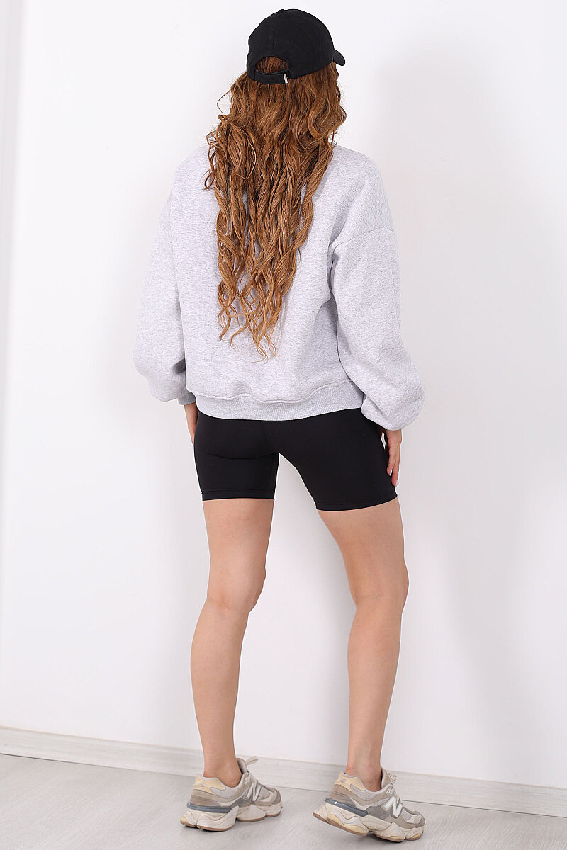 Bisiklet Yaka Üç İplik Gri Kadın Oversize Sweatshirt - 5