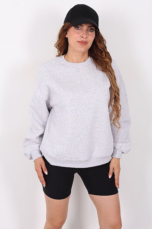 Bisiklet Yaka Üç İplik Gri Kadın Oversize Sweatshirt - 6