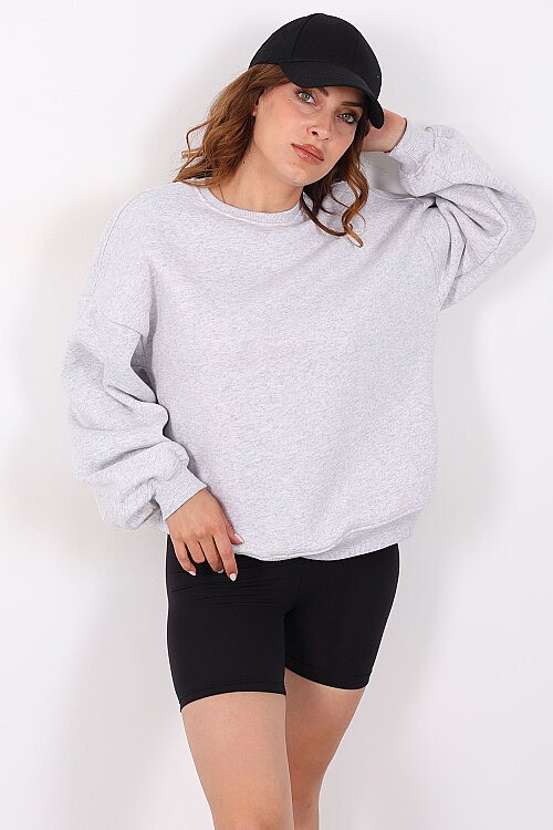 Bisiklet Yaka Üç İplik Gri Kadın Oversize Sweatshirt - Berox